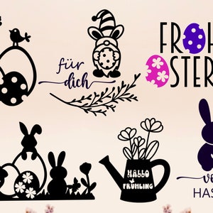 Op de afbeelding: Een set zwarte en witte SVG-snijbestanden met een paasthema met konijnen, eieren, bloemen en de tekst "Frohe Ostern", "Hallo Frühling" en "für dich".