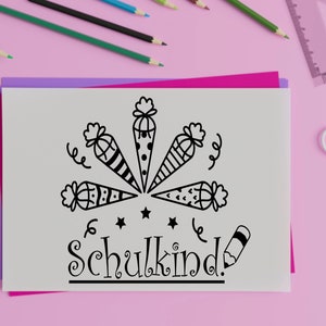 May include: A black and white printable design featuring a school child theme with five party hats and the text "Schulkind!"  The design is on a white sheet of paper with a pink and purple background.