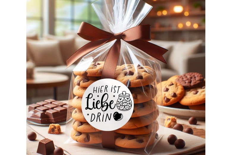 May include: A clear plastic bag filled with chocolate chip cookies tied with a brown ribbon. A white sticker on the bag reads "Hier ist Liebe drin" with a black and white illustration of a jar filled with cookies.
