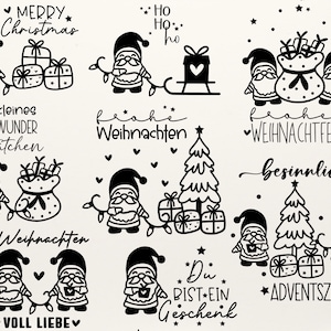 Może przedstawiać: Czarno-białe ilustracje krasnoludków, choinek i toreb na prezenty z różnymi świątecznymi pozdrowieniami w języku niemieckim. Pozdrowienia obejmują "Wesołych Świąt", "Mały Cud", "Wesołych Świąt", "Święta Bożego Narodzenia", "Spokojny", "Boże Narodzenie", "Pełen Miłości", "Jesteś Prezentem" i "Adwent".