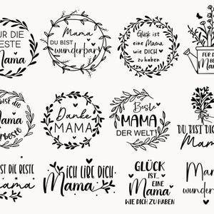 Puede incluir: Un conjunto de 10 diseños imprimibles en blanco y negro con coronas de flores con varias frases alemanas e inglesas sobre las madres. Las frases incluyen "Du bist die beste Mama", "Glück ist eine Mama wie dich zu haben", "Mama du bist wunderbar" y "Danke Mama".