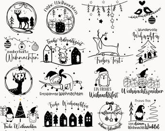 May include: Black and white illustrations of Christmas greetings in German. The illustrations include a deer, a penguin, a sloth, a gnome, a Christmas tree, and a dachshund. The text includes phrases like "Frohe Weihnachten", "Frohes Fest", "Wundervolle Weihnachten", and "Weihnachtszauber".