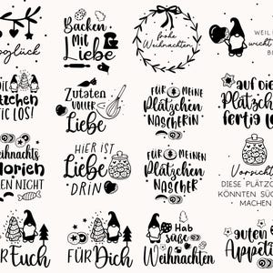 May include: Black and white illustrations of gnomes, Christmas trees, and cookies with German text. The text includes phrases like "Backen mit Liebe" (Bake with Love), "Weihnachts Kalorien z&auml;hlen nicht" (Christmas Calories Don't Count), and "Hab s&uuml;&szlig;e Weihnachten" (Have a Sweet Christmas).