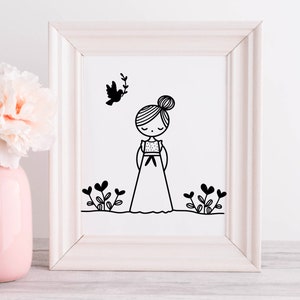 May include: A black and white line drawing of a girl in a dress with a bird flying above her. The girl is standing in a field of flowers. The drawing is framed in a white frame.