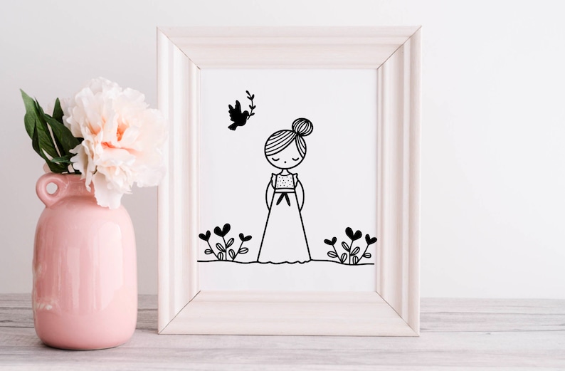 May include: A black and white line drawing of a girl in a dress with a bird flying above her. The girl is standing in a field of flowers. The drawing is framed in a white frame.