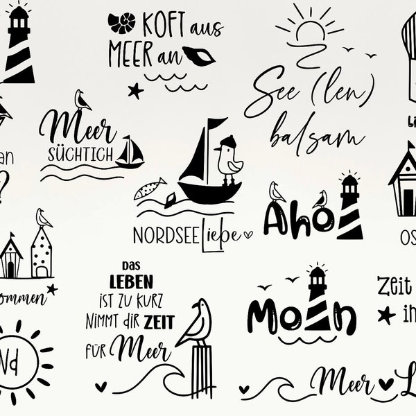 German Nautical Bundle, Plotterdatei Sommer svg, Meer svg Plotterdatei ,Maritim svg ,Leuchtturm svg ,Möwen svg, Heimat Hafen Svg, Ahoi Svg