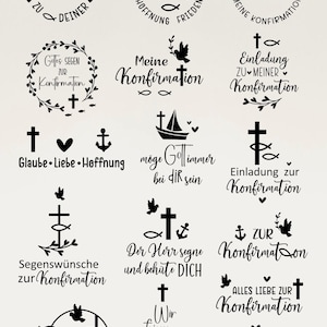 May include: A collection of 12 black and white illustrations with religious themes. The illustrations feature crosses, doves, fish, anchors, and text in German. The text includes phrases like "Konfirmation", "Glaube", "Liebe", "Hoffnung", and "Segenswünsche".