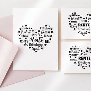 May include: Three white cards with black text in the shape of a heart. The text on the cards reads "Gl&uuml;ck, Tr&auml;ume, Reisen, FREIZEIT, Kraft, Familie, HOBBY, Rente, ZIEL, Erholung, Spass".