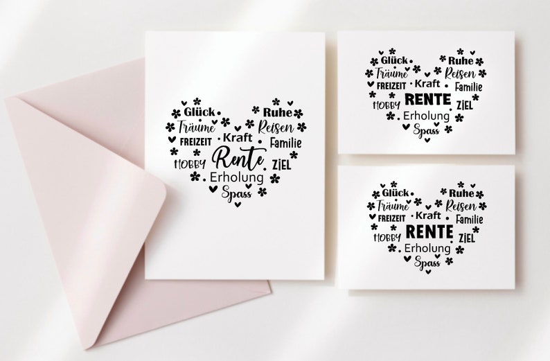 May include: Three white cards with black text in the shape of a heart. The text on the cards reads "Gl&uuml;ck, Tr&auml;ume, Reisen, FREIZEIT, Kraft, Familie, HOBBY, Rente, ZIEL, Erholung, Spass".