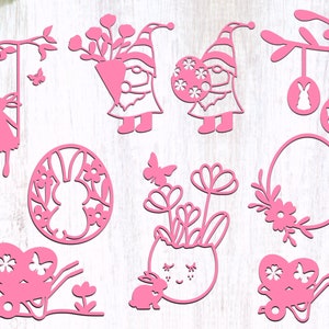 May include: A set of 10 pink digital cut files featuring Easter-themed designs. The designs include bunnies, gnomes, flowers, eggs, and butterflies. The files are perfect for creating cards, scrapbook pages, and other crafts.