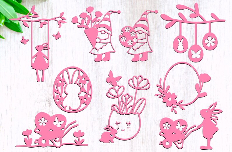 May include: A set of 10 pink digital cut files featuring Easter-themed designs. The designs include bunnies, gnomes, flowers, eggs, and butterflies. The files are perfect for creating cards, scrapbook pages, and other crafts.