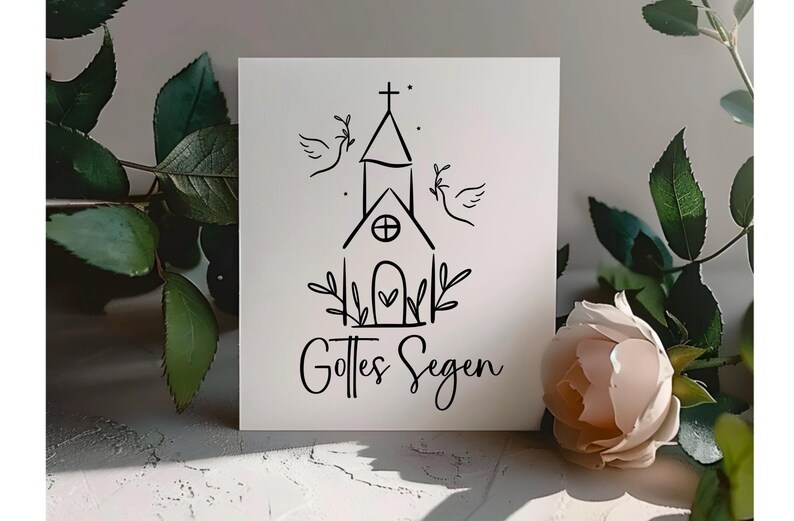 May include: A white card with a black line drawing of a church, doves, and foliage. The text "Gottes Segen" is written in a script font. The card is surrounded by green leaves and a pink rose.