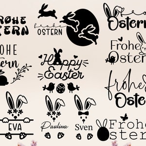 以下が含まれることがあります： ウサギ、卵、鳥、ノームの白黒イラスト。テキストは「Frohe Ostern」と「Happy Easter」。