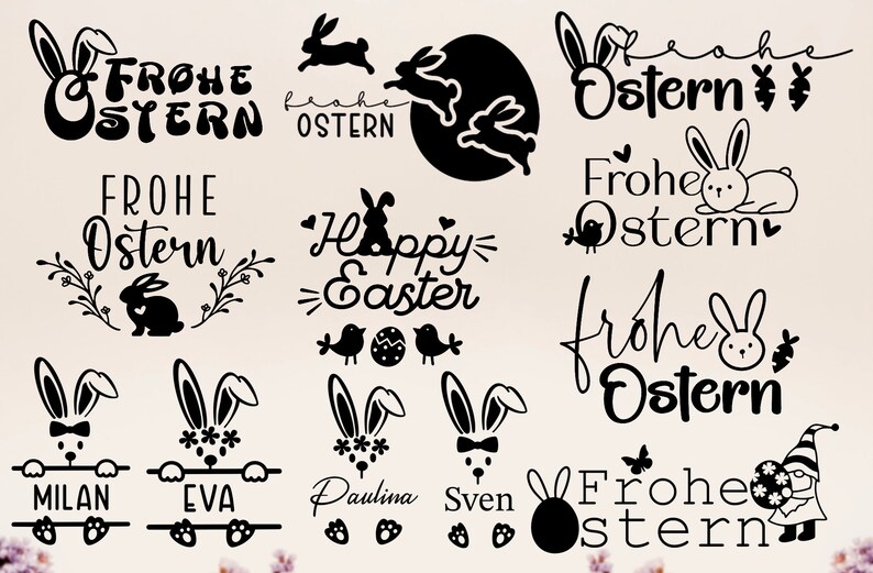 以下が含まれることがあります： ウサギ、卵、鳥、ノームの白黒イラスト。テキストは「Frohe Ostern」と「Happy Easter」。
