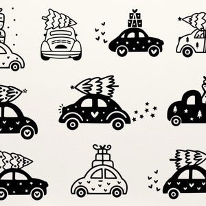 May include: Nine black and white illustrations of cars decorated with Christmas trees, presents, and stars. The cars are all different styles, including a pickup truck and a classic car.