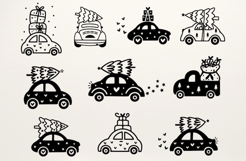 May include: Nine black and white illustrations of cars decorated with Christmas trees, presents, and stars. The cars are all different styles, including a pickup truck and a classic car.