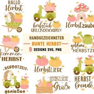 May include: Nine colorful autumn-themed designs featuring pumpkins, hedgehogs, and scooters. Text includes "Hallo Herbst", "Herbstzauber", and "Herbstliebe". The designs are available in SVG and PNG formats.