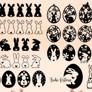 May include: A set of 25 black and white Easter bunny and egg SVG cut files. The designs include bunnies in various poses, eggs with floral designs, and a bunny in an egg with the text "Frohe Ostern" (Happy Easter).