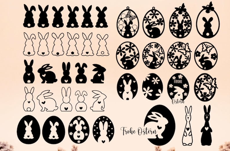 May include: A set of 25 black and white Easter bunny and egg SVG cut files. The designs include bunnies in various poses, eggs with floral designs, and a bunny in an egg with the text "Frohe Ostern" (Happy Easter).