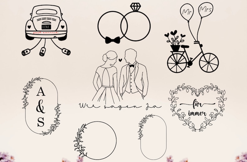 Op de afbeelding: Een set met zwart-witte bruiloftillustraties met een VW-kever met "Just Married" op de achterkant, een stel dat hand in hand loopt, een fiets met bloemen, twee ringen met een strik, twee ballonnen met "Mr" en "Mrs" erop en twee kransen met bloemen met de tekst "A & S" en "f&uuml;r immer".