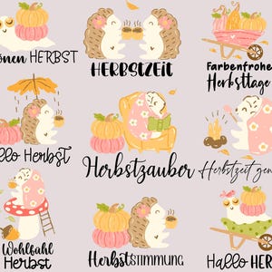 May include: A collection of whimsical illustrations featuring hedgehogs, pumpkins, and autumn-themed elements. The images include text such as "schönen HERBST" and "Hallo Herbst". The color palette includes soft pinks, oranges, and browns.