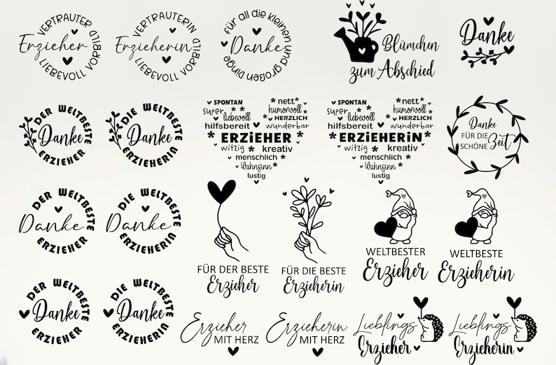 K&ouml;nnte beinhalten: Ein Set mit 14 schwarz-wei&szlig;en druckbaren Stempeln mit verschiedenen Designs und Texten zur Wertsch&auml;tzung von P&auml;dagogen. Der Text beinhaltet "Der beste Lehrer", "Danke", "Weltbester Lehrer", "Mit Liebe", "F&uuml;r den besten Lehrer", "F&uuml;r den besten Lehrer", "Lieblingslehrer", "Lieblingslehrer", "Blomchen zum Abschied", "Danke f&uuml;r die sch&ouml;ne Zeit", "Spontan, super, liebevoll, hilfsbereit,  witzig, kreativ, menschlich, Wahnsinn, lustig", "nett, humorvoll, herzlich, wunderbar", "Weltbester Lehrer", "Weltbester Lehrer", "Lieblingslehrer", "Lieblingslehrer".