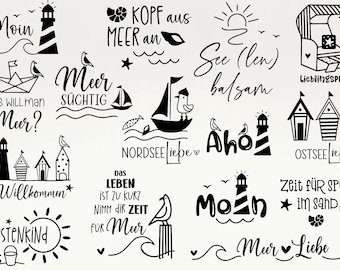 Duitse nautische bundel, Plotterdatei Sommer SVG, Meer SVG Plotterdatei, Maritim SVG, Leuchtturm SVG, Möwen SVG, Heimat Hafen SVG, Ahoi SVG