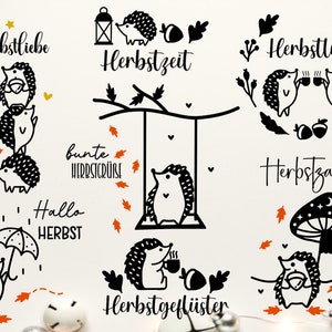 May include: Black and white illustrations of hedgehogs with autumnal themes. The illustrations include hedgehogs on a swing, drinking coffee, holding an umbrella, and under a mushroom. The text includes "Herbstliebe", "Herbstzeit", "Herbstzauber", "Herbstgeflüster", "Hallo Herbst", and "bunte Herbstcruise".