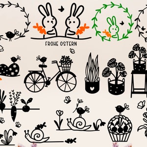 Puede incluir: Ilustraciones en blanco y negro de imágenes con temática de Pascua, que incluyen conejos, pájaros, flores, una bicicleta y un caracol. El texto "Frohe Ostern" está incluido en la imagen.