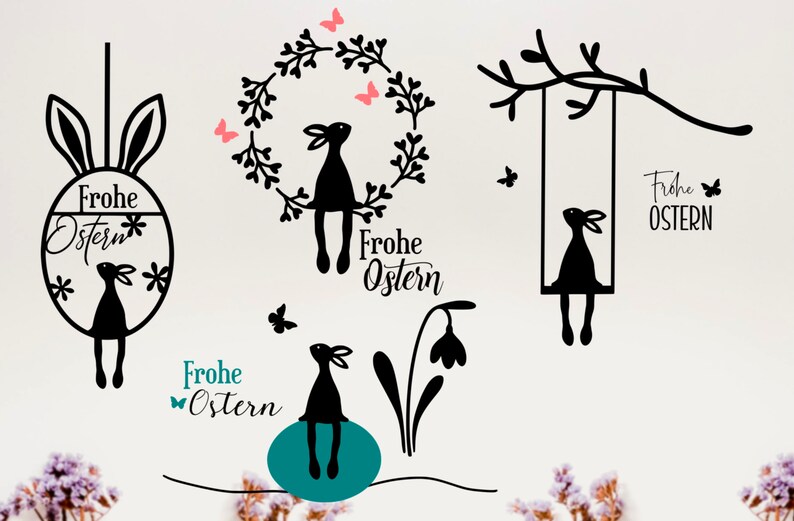 Pu&ograve; includere: Cinque illustrazioni di silhouette nere di conigli con il testo "Frohe Ostern" su uno sfondo bianco. I conigli sono in diverse pose, tra cui seduti su un'altalena, seduti su un uovo, seduti in una ghirlanda e seduti su un ramo.