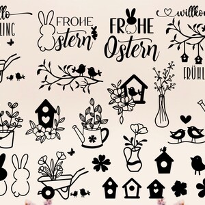 以下が含まれることがあります： ウサギ、鳥、花、バードハウス、手押し車など、イースターと春のテーマの白黒イラスト。画像には、「Hallo Fr&uuml;hling」、「Frohe Ostern」、「Willkommen」、「Fr&uuml;hling」のテキストが含まれています。