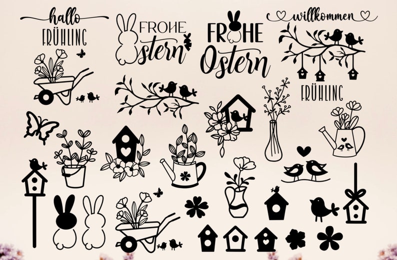 以下が含まれることがあります： ウサギ、鳥、花、バードハウス、手押し車など、イースターと春のテーマの白黒イラスト。画像には、「Hallo Fr&uuml;hling」、「Frohe Ostern」、「Willkommen」、「Fr&uuml;hling」のテキストが含まれています。