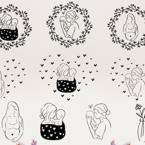 May include: A collection of minimalist line art illustrations depicting motherhood. The images feature mothers holding babies, pregnant women, and floral wreaths and heart-shaped arrangements. The art is in black and white, with a focus on simple, elegant lines.