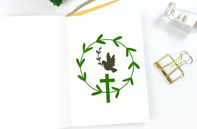 May include: A green wreath with a dove carrying an olive branch and a cross in the center.