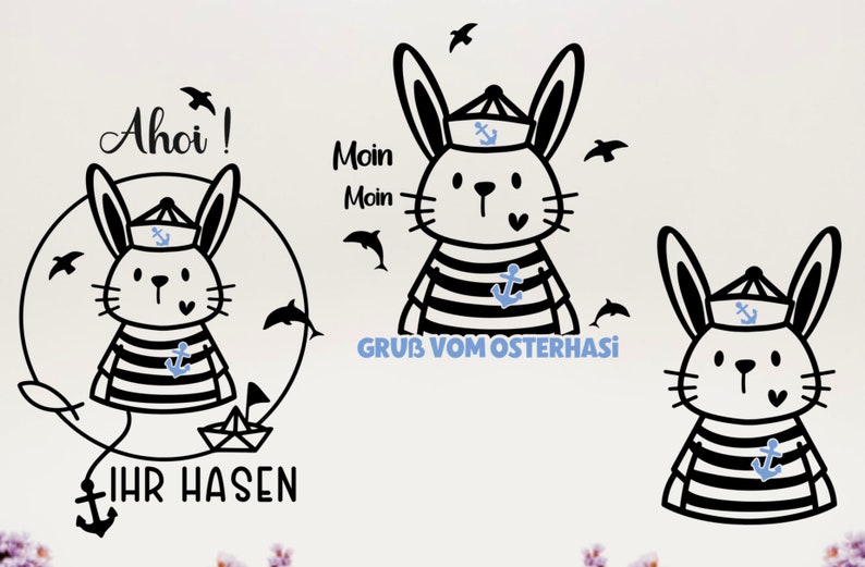 May include: A black and white illustration of a bunny wearing a sailor hat and striped shirt with an anchor. The bunny is holding a paper boat and the text "Ihr Hasen" is below the bunny. The text "Ahoi!" is above the bunny.