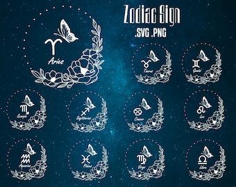 Zodiac sign Svg bundle,Floral Zodiac sign Svg,Flower Astrology Svg,Zodiac file for Cricut ,Wreath svg,Aries svg,Tuarus,Zodiac Clipart,PNG