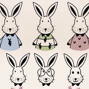 May include: Six black and white illustrations of bunnies with different outfits. The bunnies are wearing a blue shirt with a carrot, a green and white striped shirt with carrots, a pink shirt with hearts, a black bow tie, glasses, and a black bow tie.
