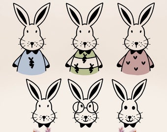 May include: Six black and white illustrations of bunnies with different outfits. The bunnies are wearing a blue shirt with a carrot, a green and white striped shirt with carrots, a pink shirt with hearts, a black bow tie, glasses, and a black bow tie.