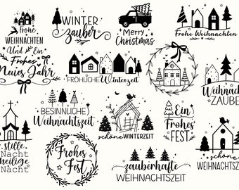 May include: Black and white illustrations of Christmas and winter-themed designs. The designs include text such as "Winterzauber", "Frohe Weihnachten", "Merry Christmas", "Besinnliche Weihnachtszeit", "Frohes Fest", and "zauberhafte Weihnachtszeit".