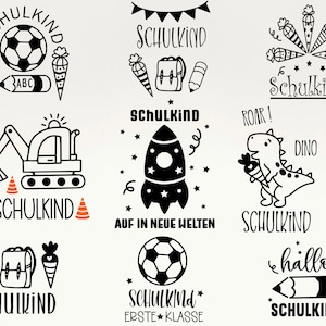 May include: Nine black and white illustrations of school-themed designs. Each design features a different image, such as a soccer ball, a backpack, a pencil, a carrot, a construction vehicle, a rocket, a dinosaur, and a crayon. The text "SCHULKIND" appears in each design.