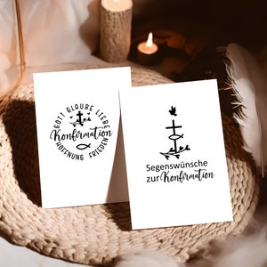 May include: Two white cards with black ink designs. The first card has a circle with the words "Gott Glaube Liebe Hoffnung Frieden" and a cross with a fish and leaves. The second card has a cross with a fish and leaves and the words "Segensw&uuml;nsche zur Konfirmation".