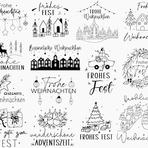 May include: A collection of sixteen black and white graphic designs featuring Christmas themes. The illustrations include houses, pine trees, gift boxes, ornaments, stars, a car, a wreath, and candles, accompanied by German holiday text phrases.
