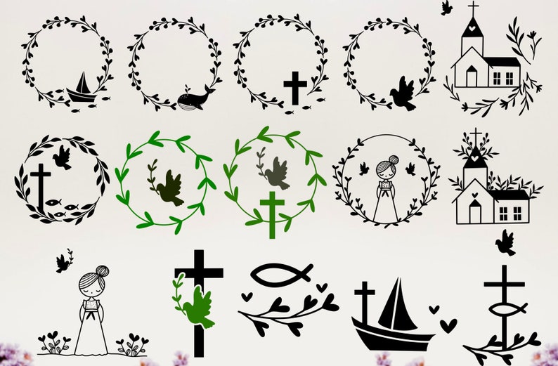 May include: A set of 12 black and white digital clipart images featuring religious symbols, including crosses, doves, a church, a boat, and a girl in a dress. The images are perfect for creating invitations, cards, and other crafts.