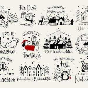 May include: A collection of black and white Christmas-themed illustrations. Designs include a car with a Christmas tree, a penguin with a gift, houses, a church, a cat with gifts, and a dachshund with gifts. Text includes holiday greetings.