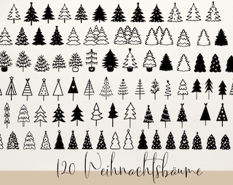 May include: A set of 120 black and white Christmas tree illustrations. The trees are drawn in various styles, including simple outlines, detailed designs, and whimsical shapes.