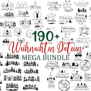 May include: A collection of over 190 Christmas-themed digital designs in black and white. The designs include festive houses, trees, reindeer, and holiday phrases like "Merry Christmas" and "Winter Wonderland". The words "MEGA BUNDLE" are also present.