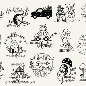 May include: A collection of 12 black and white illustrations featuring autumn themes. The illustrations include pumpkins, houses, hedgehogs, mushrooms, and other fall-related imagery. The text in the illustrations includes German words such as "Herbst" (Autumn), "Willkommen" (Welcome), and "Herbstliebe" (Autumn Love).