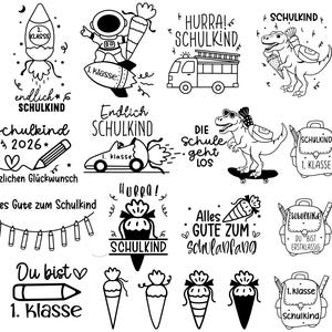 May include: A collection of black and white illustrations with school-themed designs. Images include a rocket, astronaut, fire truck, dinosaur, backpack, pencil, and text such as "1. Klasse" and "Schulkind."