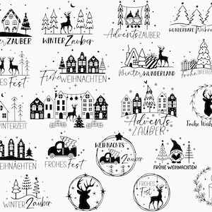 Puede incluir: Ilustraciones en blanco y negro de diseños navideños con texto alemán. Los diseños incluyen un árbol de Navidad, un ciervo, una casa, un camión y un gnomo. El texto incluye frases como "Winterzauber", "Frohe Weihnachten" y "Adventszauber".