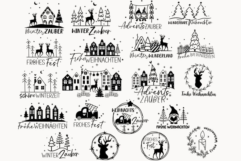 Puede incluir: Ilustraciones en blanco y negro de dise&ntilde;os navide&ntilde;os con texto alem&aacute;n. Los dise&ntilde;os incluyen un &aacute;rbol de Navidad, un ciervo, una casa, un cami&oacute;n y un gnomo. El texto incluye frases como "Winterzauber", "Frohe Weihnachten" y "Adventszauber".